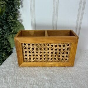 Wooden Caddy Organizer Two Compartment Cane Front Desk Decor